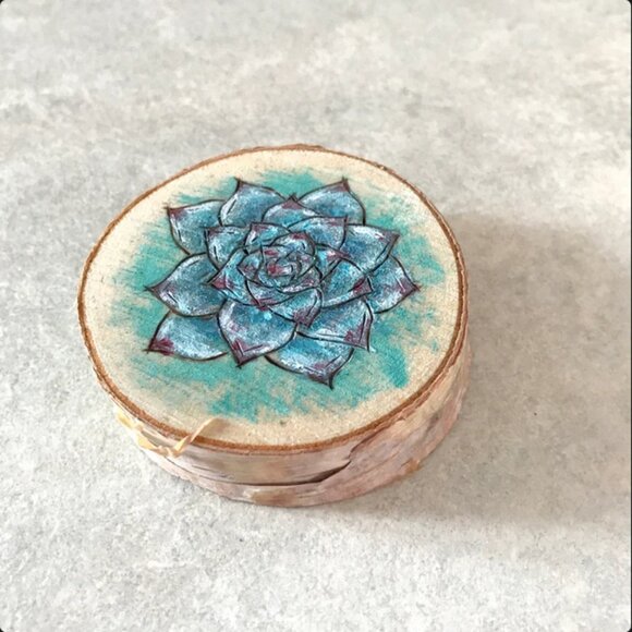 Blue Succulent Tiny Acrylic Painting on Birch Slice Art Artwork Plant Botanical - Picture 2 of 3